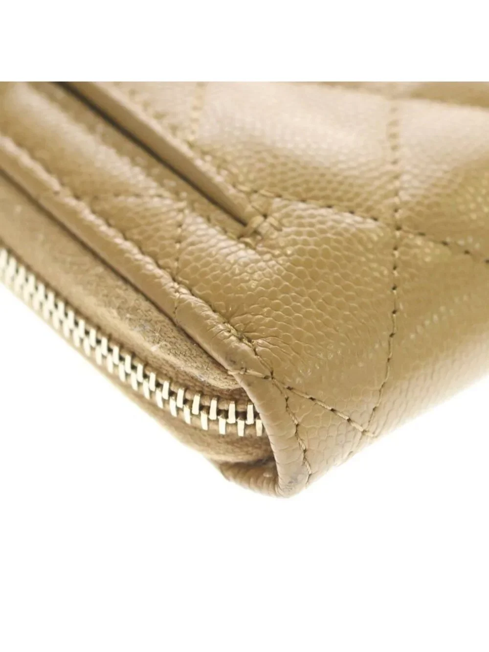 Chanel CC Logo Quilted Caviar Leather Round Zip Compact Wallet Beige Gold